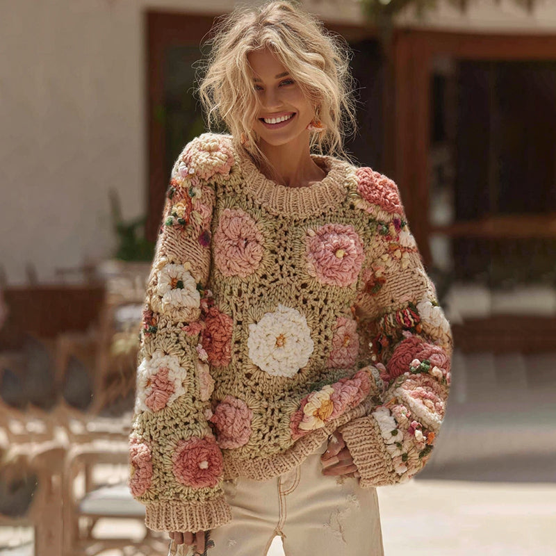Women's Boho Classic Granny Check Crochet Rose Floral Sweater