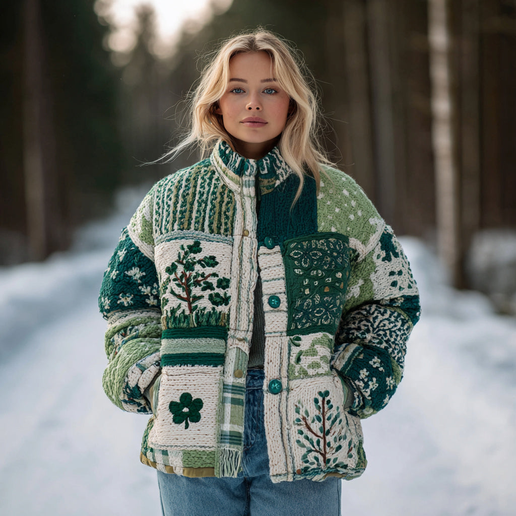 Women's Flower And Tree Button-collared Warm Sweater