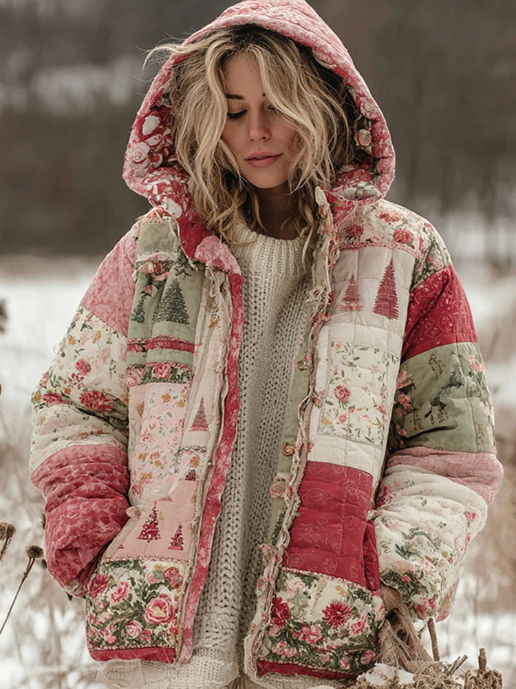 Women's Floral Christmas Tree Patchwork Warm Zip Hoodie
