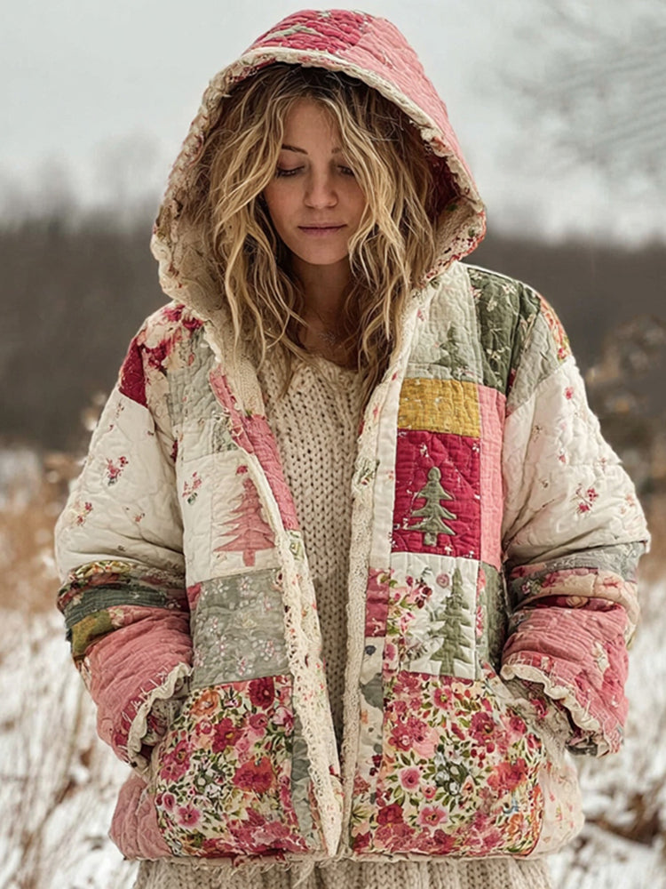 Women's Floral Christmas Tree Patchwork Warm Zip Hoodie