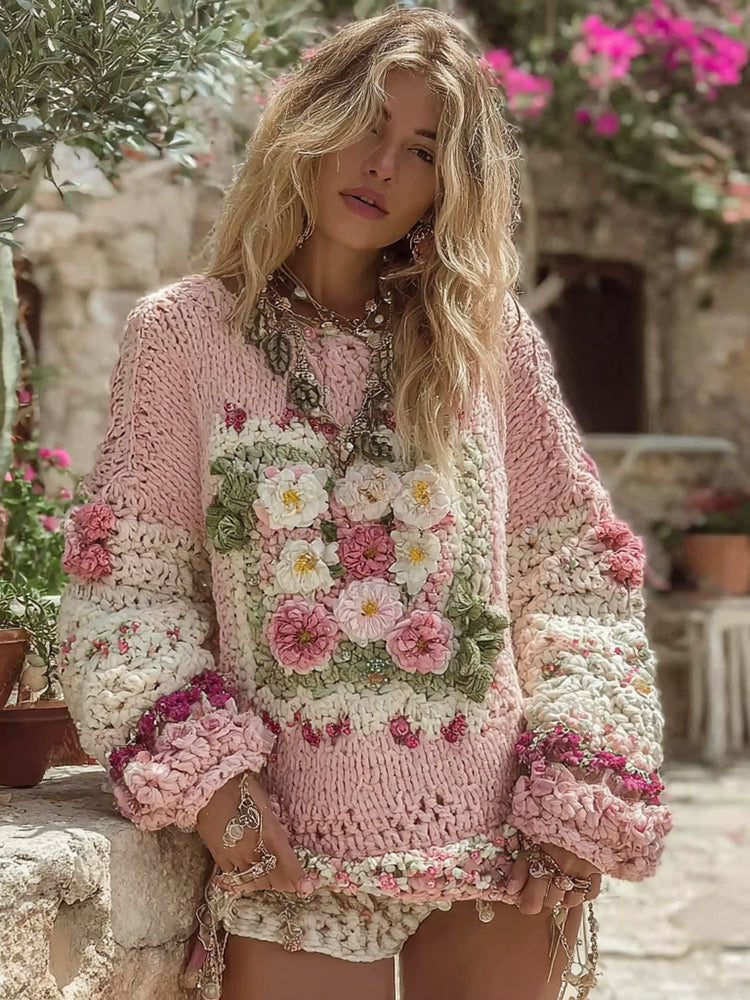 Women's Boho Classic Chunky Knit Crochet Floral Sweater