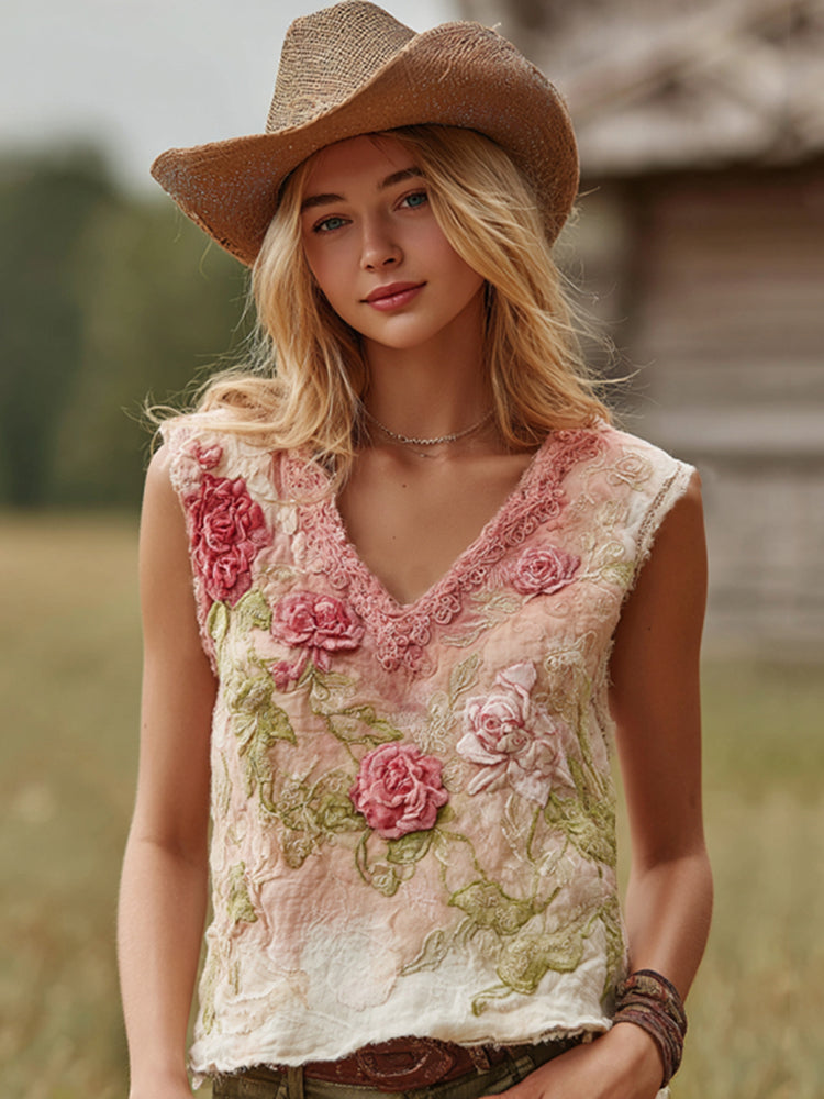 Love & Health Collection Retro Western Women Style Vintage Rose And Floral Patchwork Art  Linen V Neck Tank Top