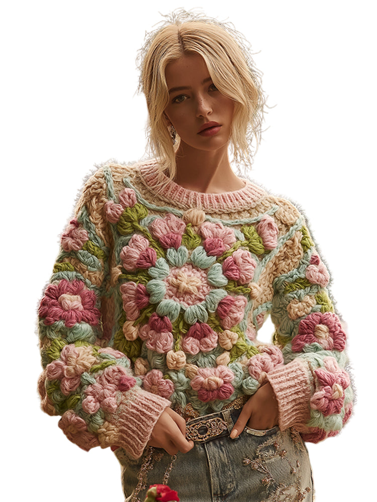 Classic Chunky Knit Crochet Floral Sweater