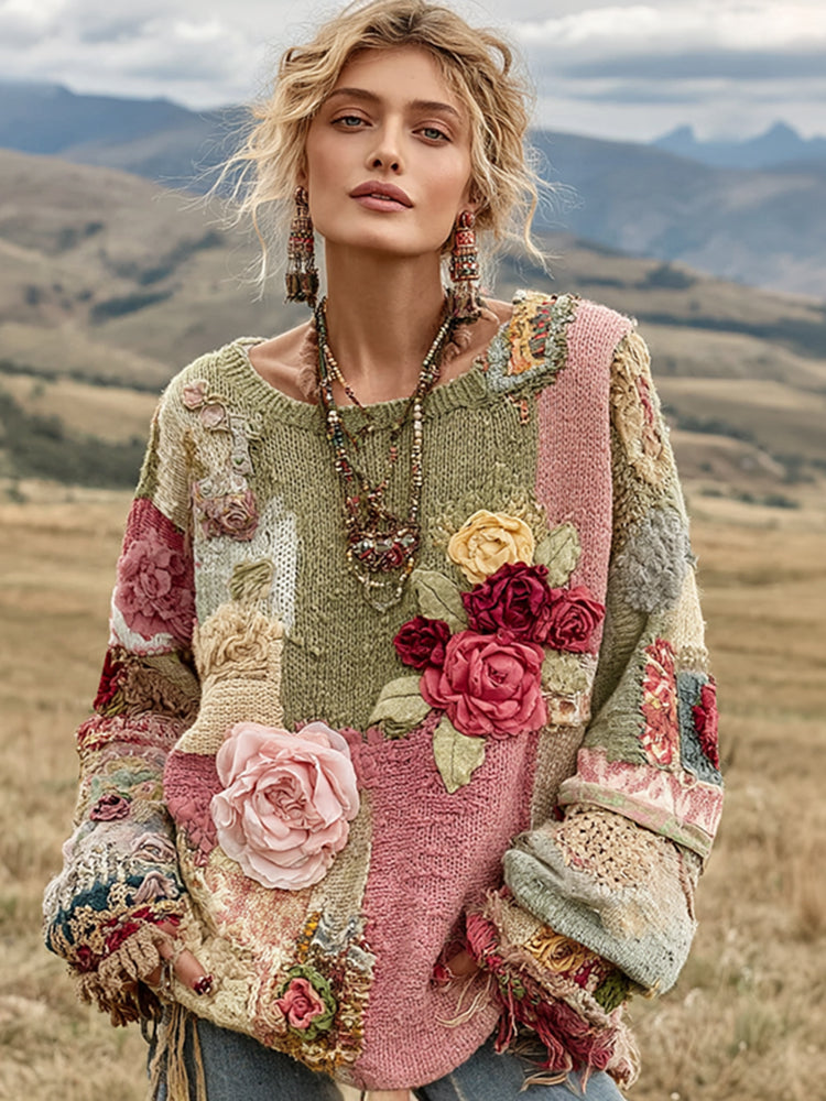 Women's Vintage Floral Embroidery Patchwork Art Print Cozy Pullover Knit Sweater