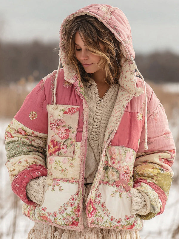Women's Floral Patchwork Warm Hooded Cotton Padded Clothes