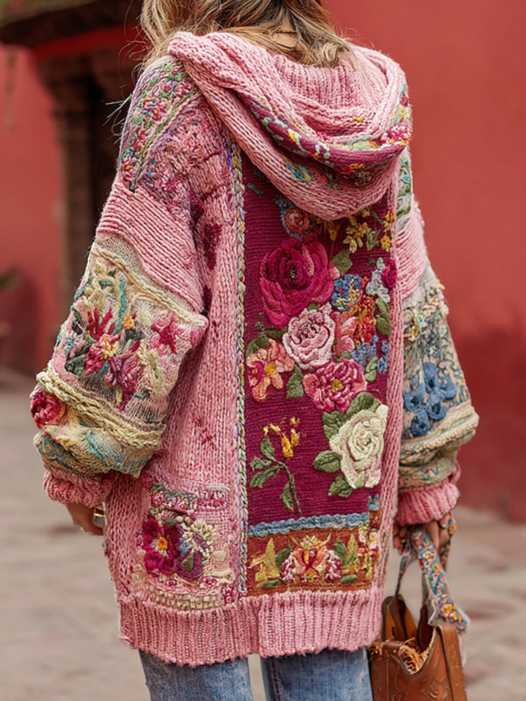 Women's Bohemian Floral Embroidery Patchwork Art Cozy Knit Hooded Sweater Cardigan