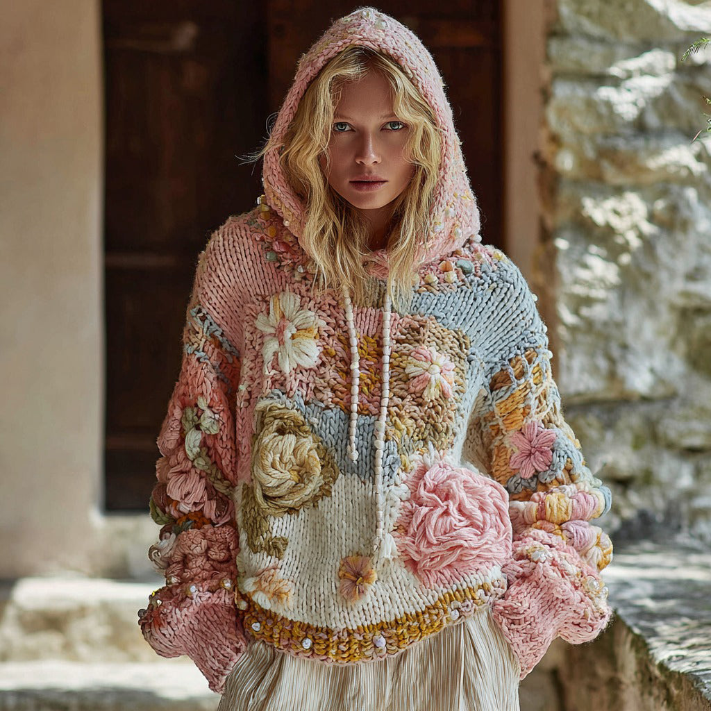 Women's Vintage Chunky Knit Floral Pattern Warm Hooded Sweater