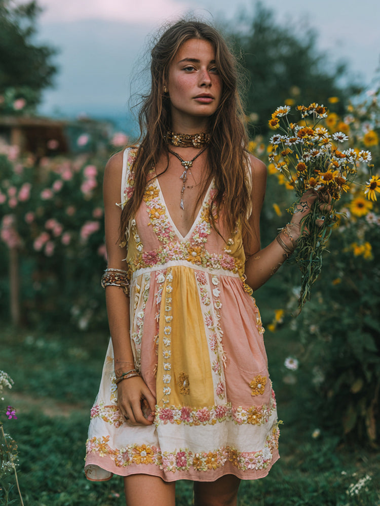 Women's Vintage Floral Color Block Sleeveless Dress