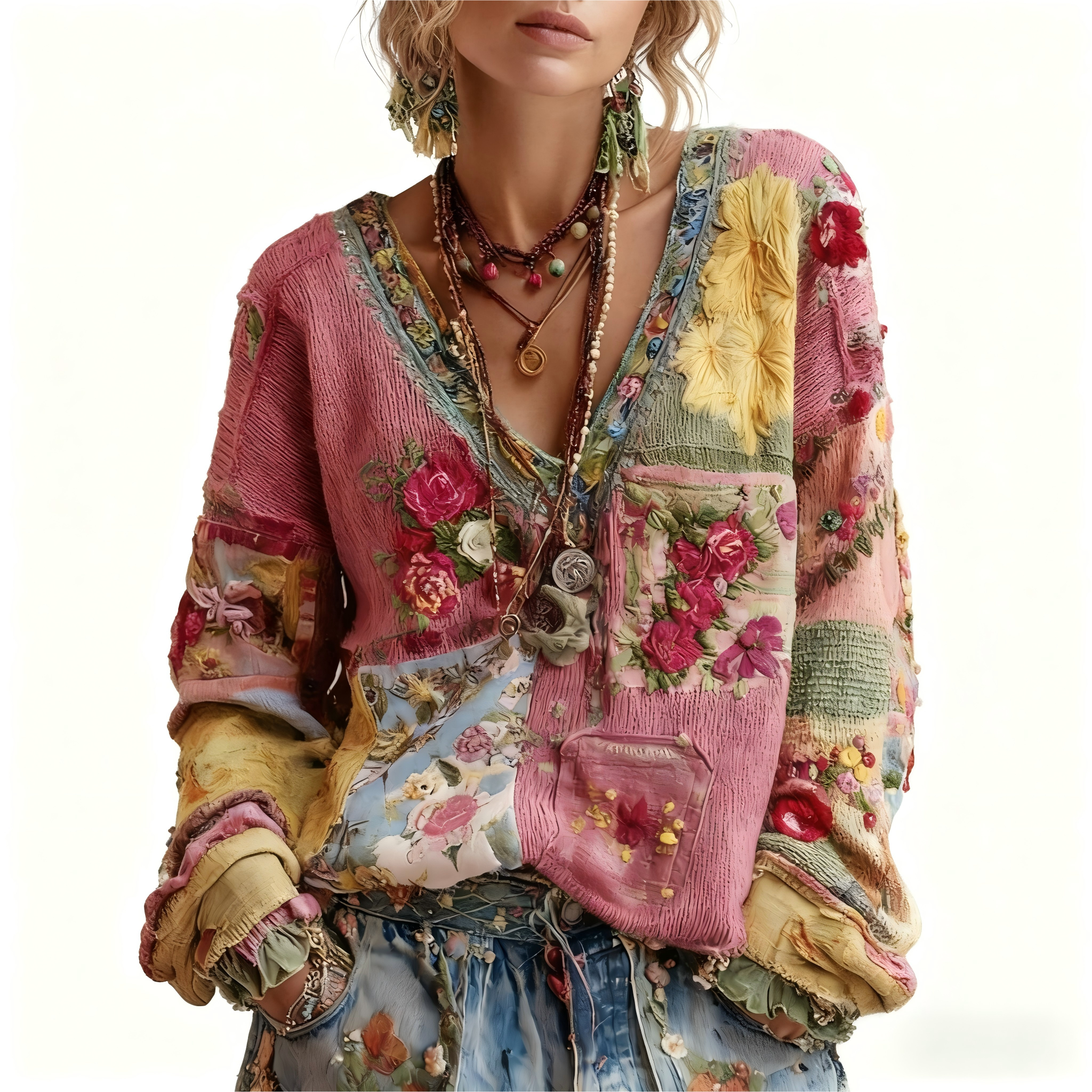 Women's Vintage Floral Embroidery Patchwork Art V-neck Pullover Cozy Knit Sweater