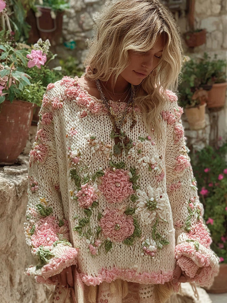 Women's Boho Floral Chunky Knit Crew Neck Sweater