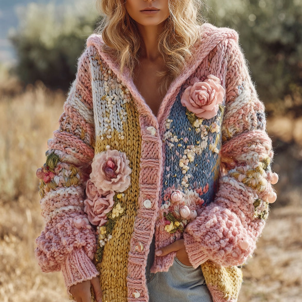Women's Vintage Floral Chunky Knit Warm Hooded Cardigan Sweater