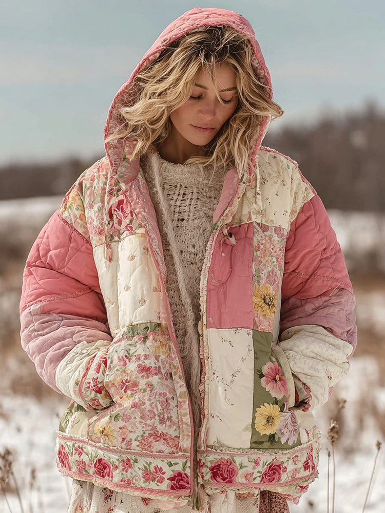 Women's Floral Patchwork Quilted Warm Hooded Cotton Padded Clothes