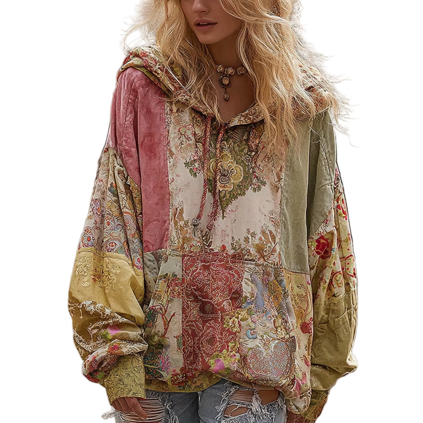 Women's Bohemian Floral Patchwork Cozy Warm Hoodie