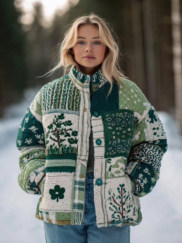 Women's Flower And Tree Button-collared Warm Sweater
