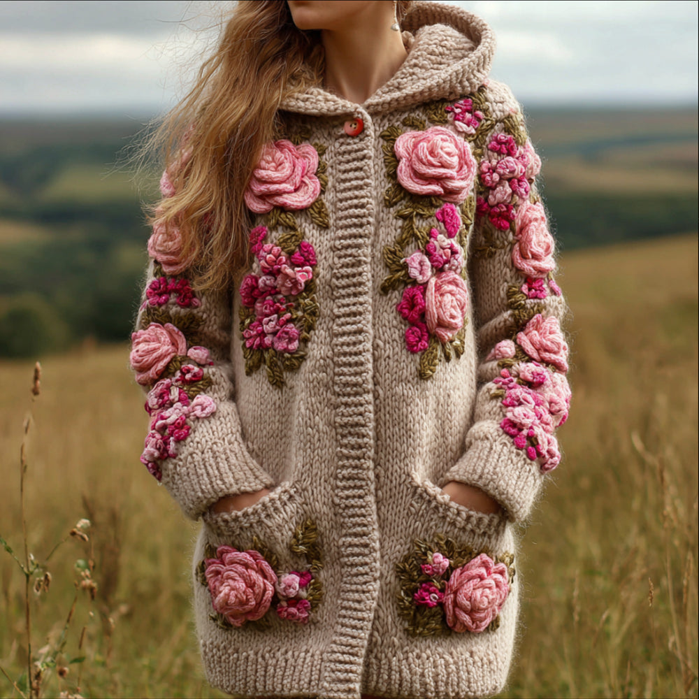 Women's Three-dimensional Flower Pattern Vintage Mid-length Hooded Sweater