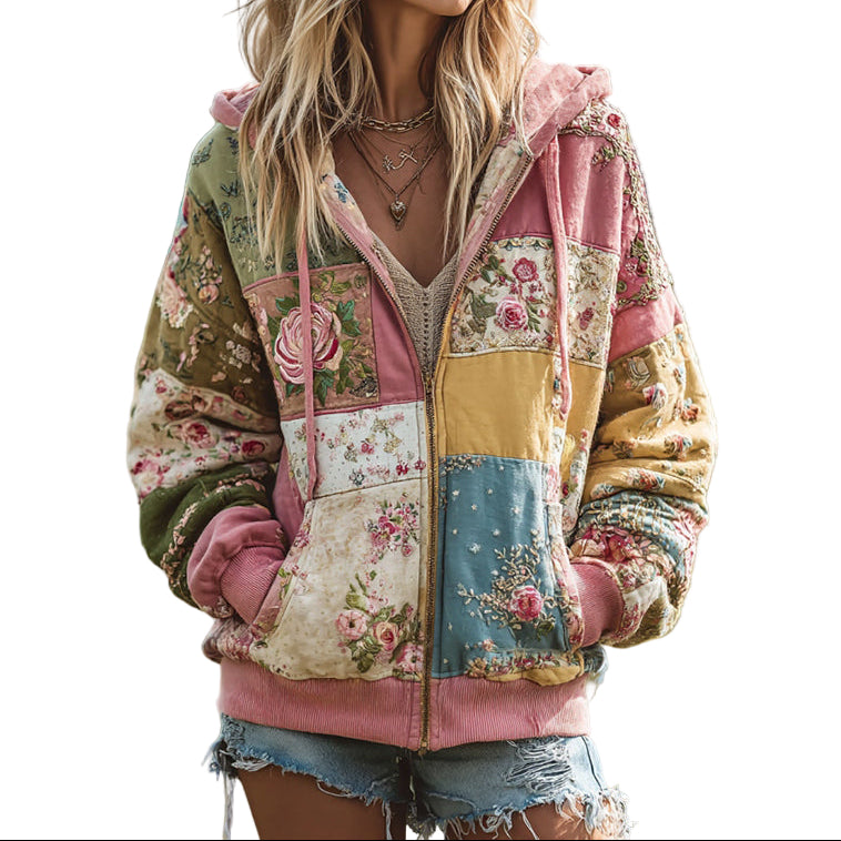Women's Vintage Floral Patchwork Cozy Warm Zipper Hoodie