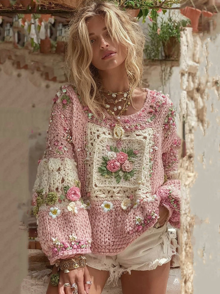 Women's Boho Rose Chunky Knit Crew Neck Sweater