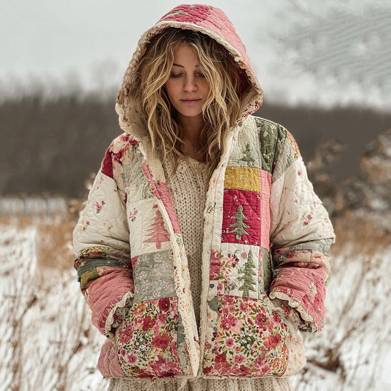 Women's Floral Christmas Tree Patchwork Warm Zip Hoodie