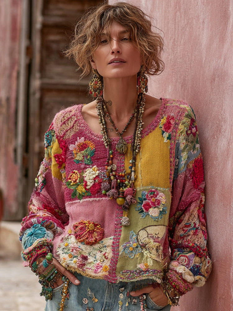 Women's Vintage Floral Embroidery Patchwork Art Pullover Knit Sweater