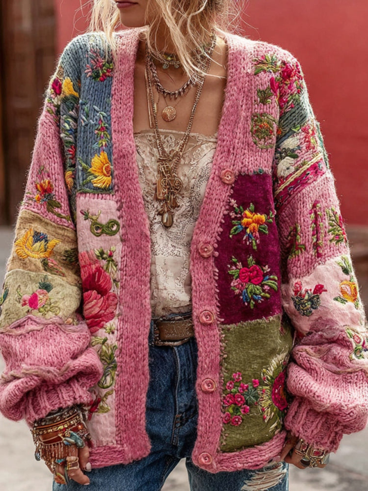 Women's Bohemian Flower Embroidery Patchwork Art V-neck Knit Sweater Cardigan
