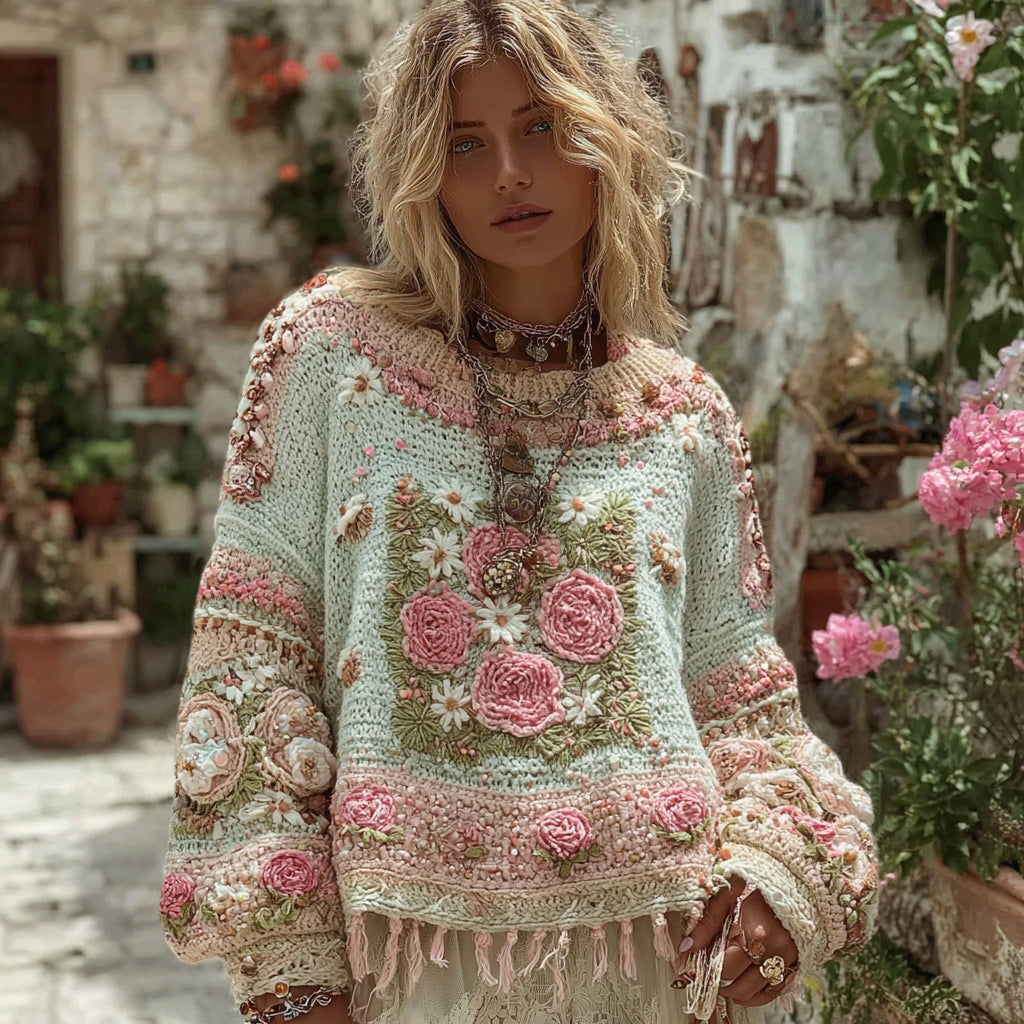 Women's Boho Chunky Knit Crochet Floral Round Collar Sweater