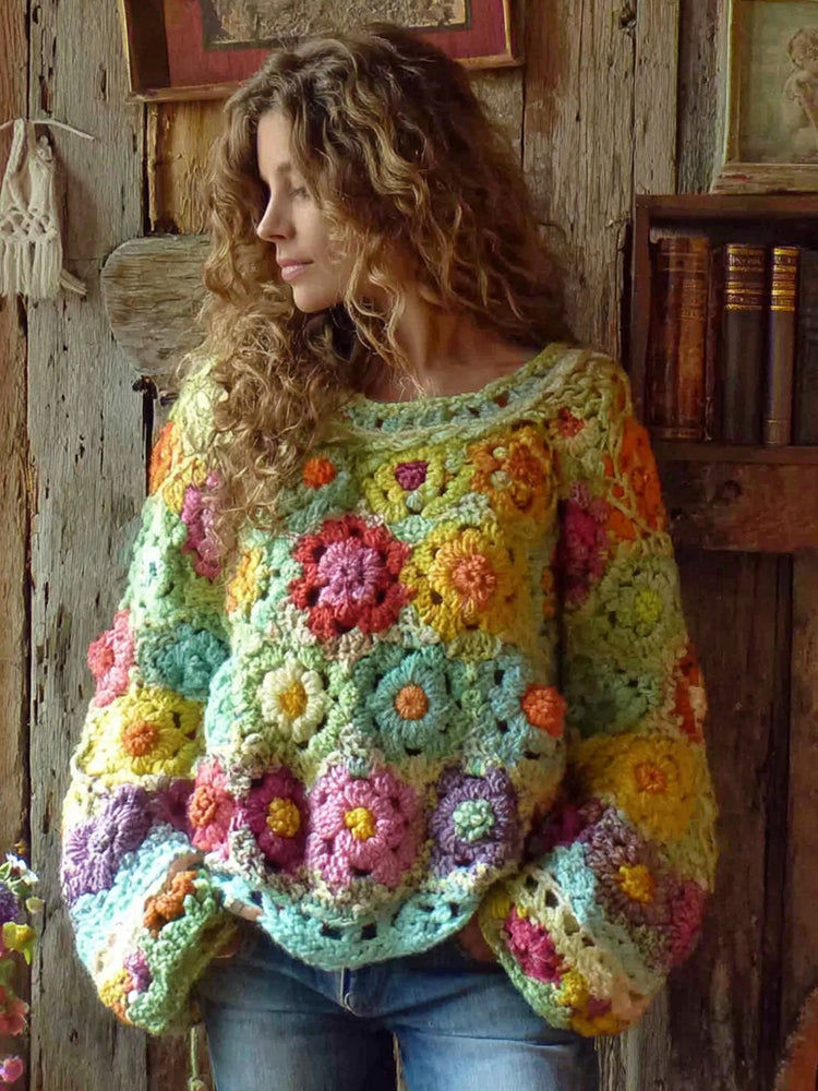 Women's Bohemian Chunky Knit Crochet Floral Colorful Sweater