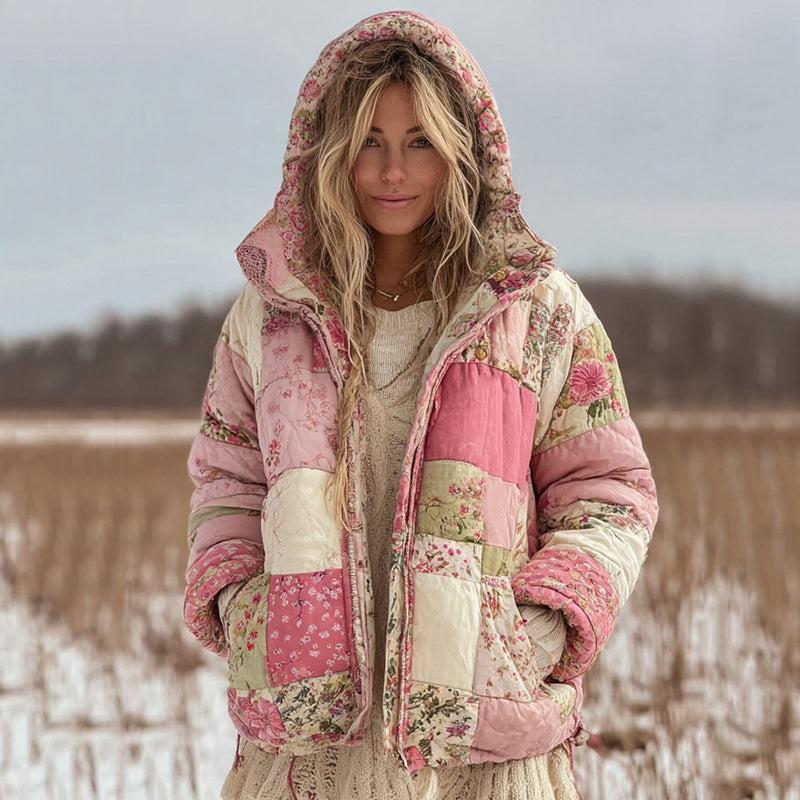 Women's Floral Patchwork Quilted Warm Hooded Cotton Padded Clothes