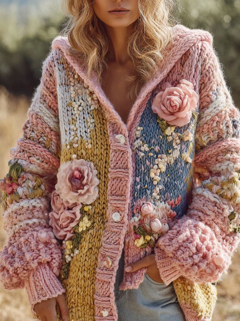 Women's Vintage Floral Chunky Knit Warm Hooded Cardigan Sweater