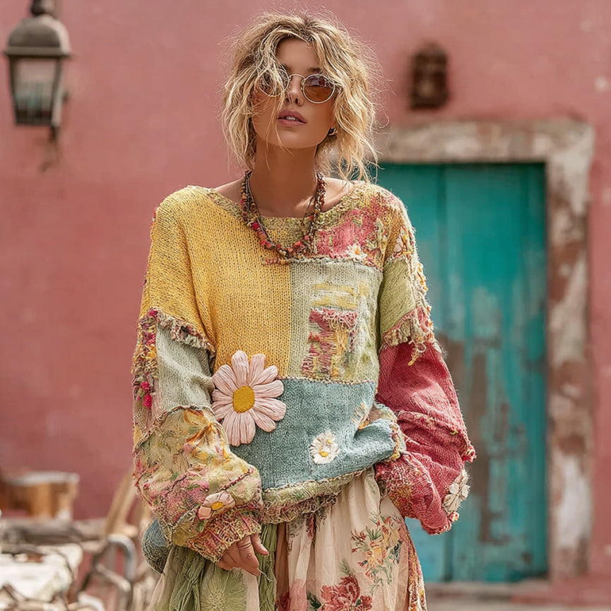 Flower Embroidery Macaroon Color Patchwork Art Cozy Sweater