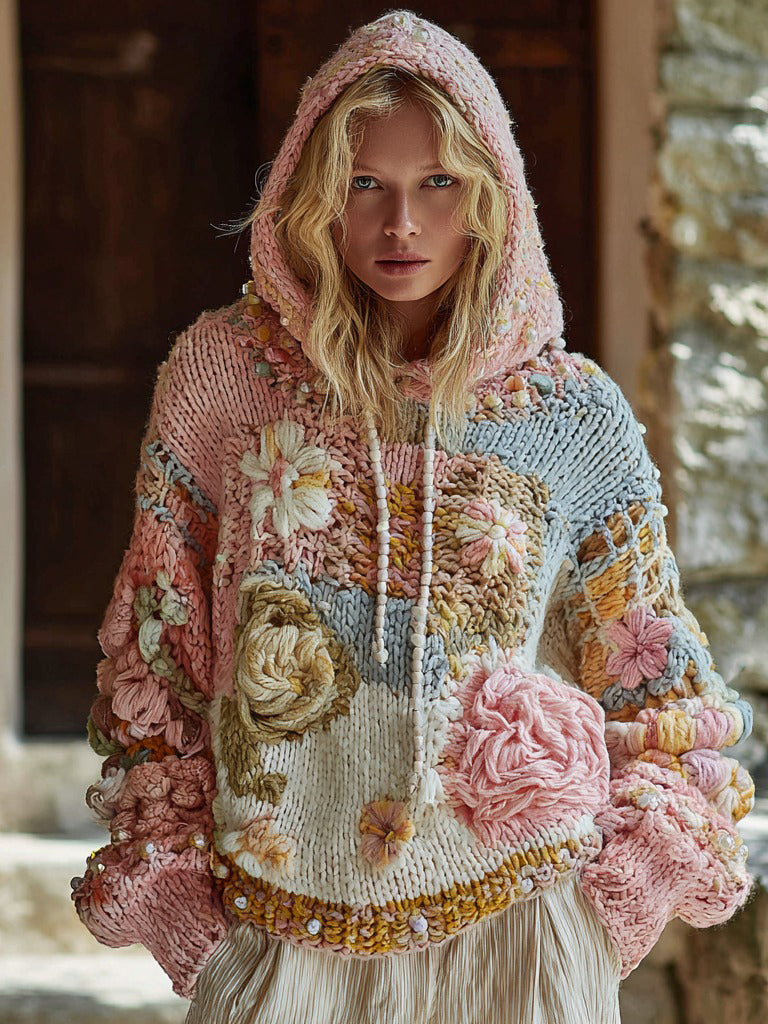 Women's Vintage Chunky Knit Floral Pattern Warm Hooded Sweater