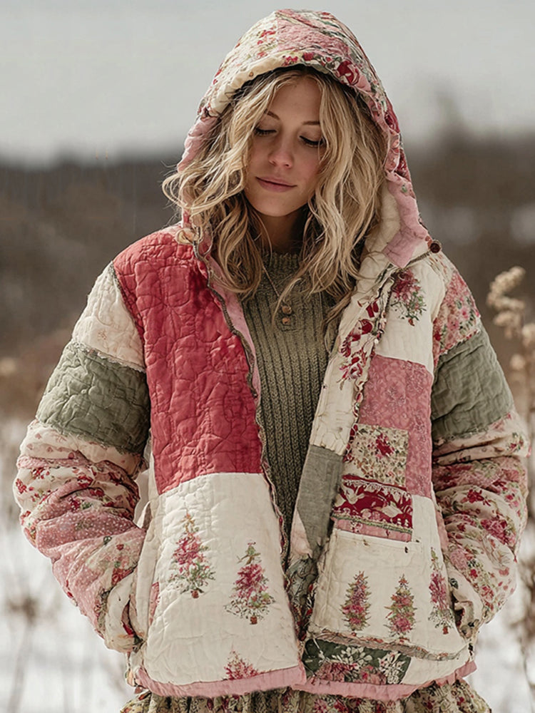 Women's Floral Christmas Tree Patchwork Warm Zip Hoodie