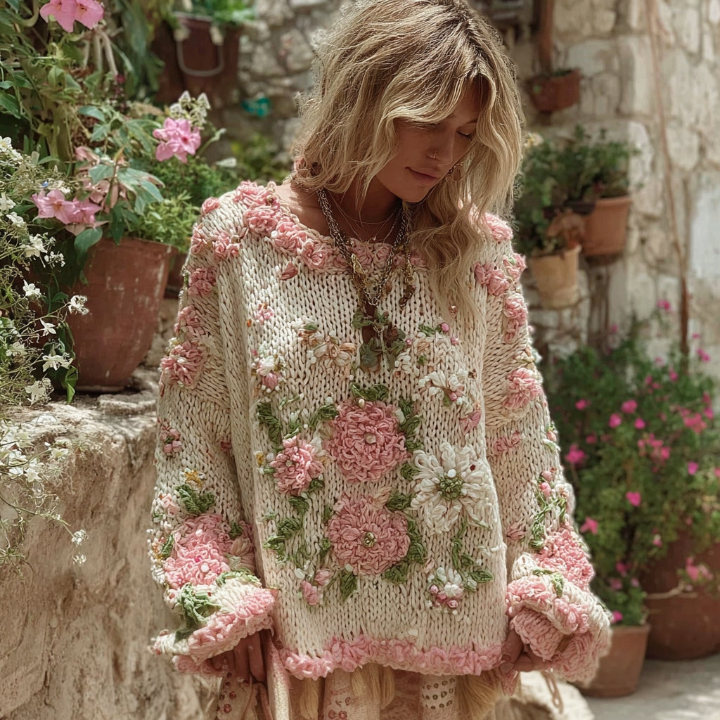Women's Boho Floral Chunky Knit Crew Neck Sweater