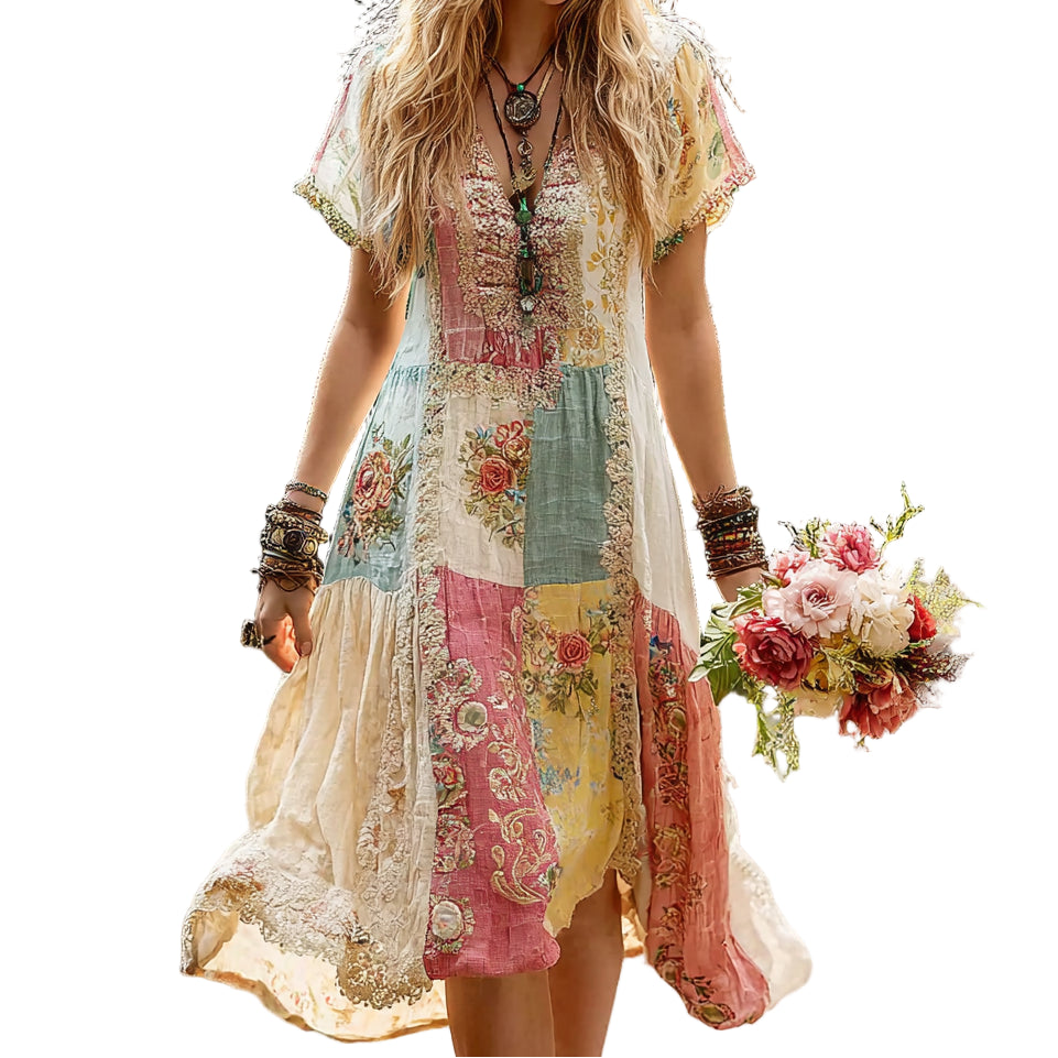 Women's Retro Floral Splicing Cotton And Linen Long Dress