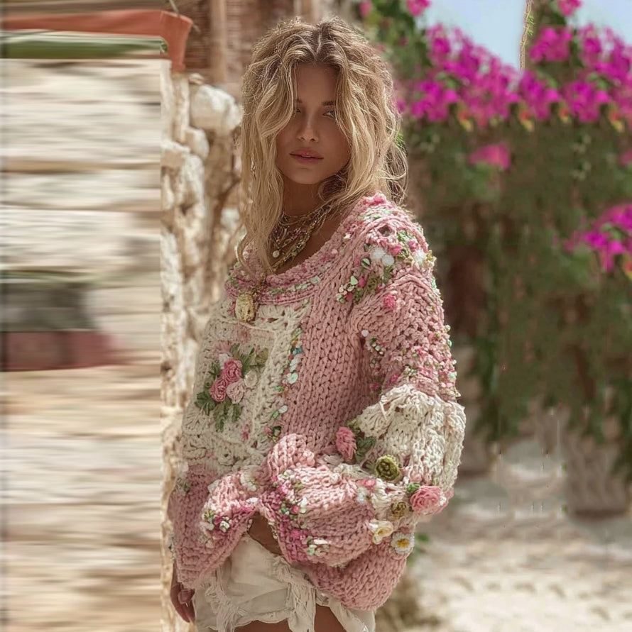 Women's Boho Rose Chunky Knit Crew Neck Sweater