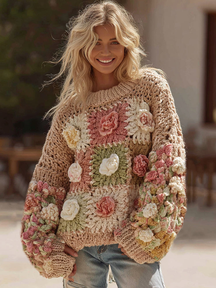 Women's Boho Classic Granny Check Crochet Handmade Rose Floral Sweater