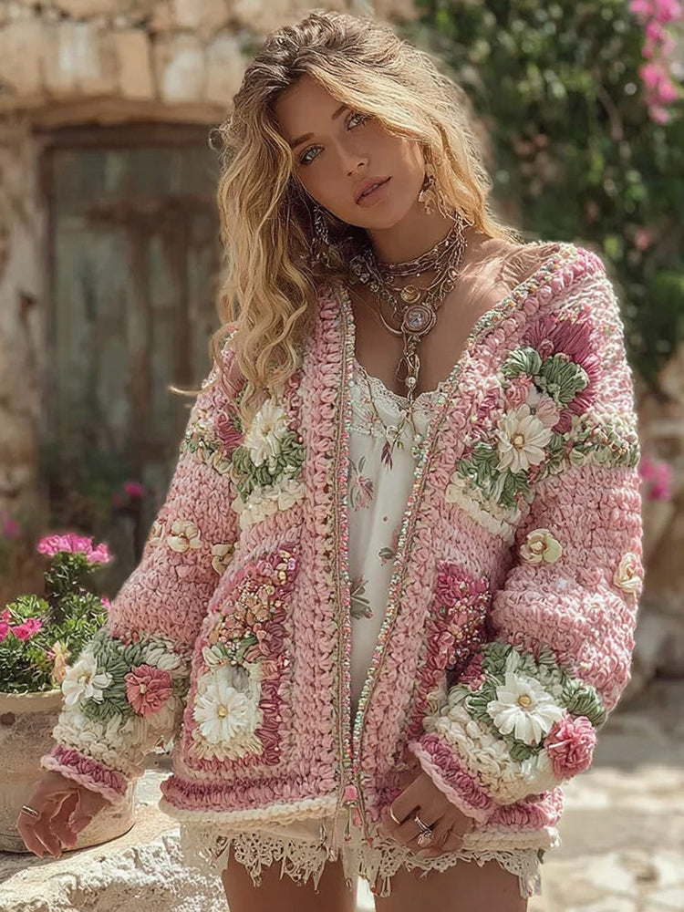 Women's Boho Chunky Knit Crochet Floral Cardigan Sweater