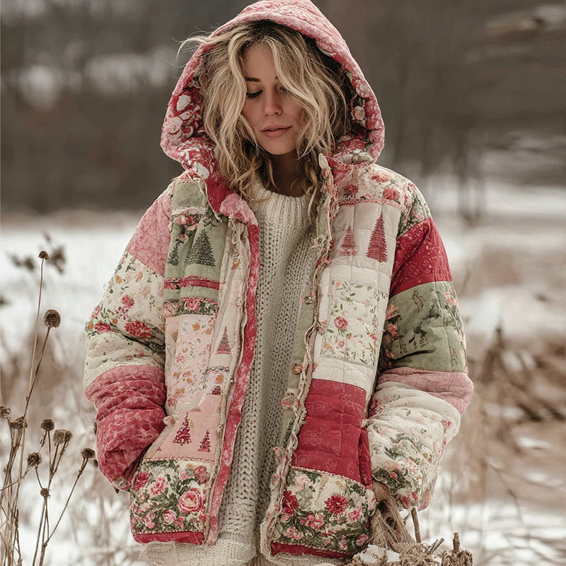 Women's Floral Christmas Tree Patchwork Warm Zip Hoodie