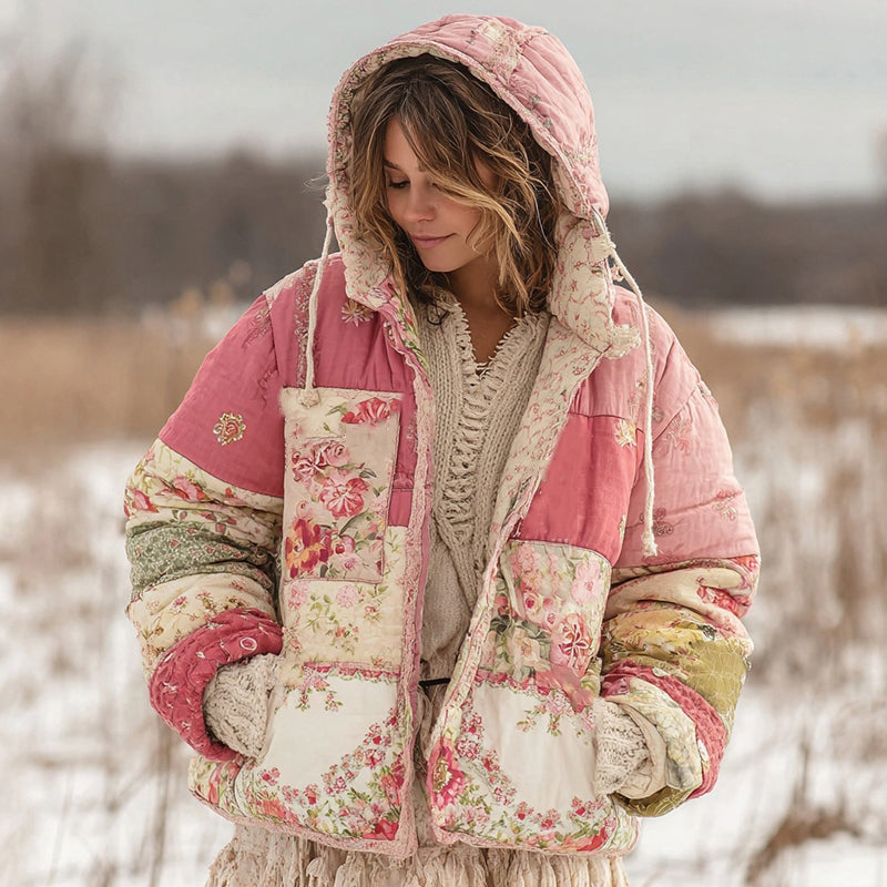Women's Floral Patchwork Warm Hooded Cotton Padded Clothes