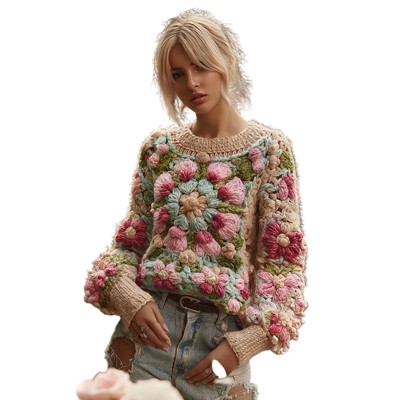 Classic Chunky Knit Crochet Floral Sweater