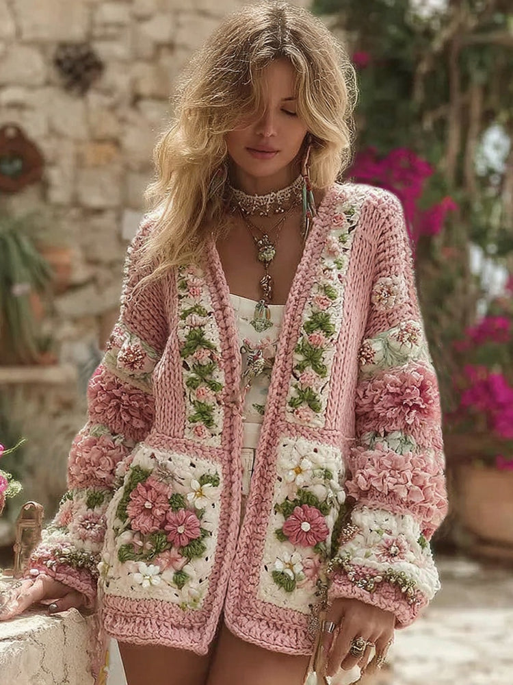 Women's Boho Chunky Knit Crochet Floral Cardigan Sweater