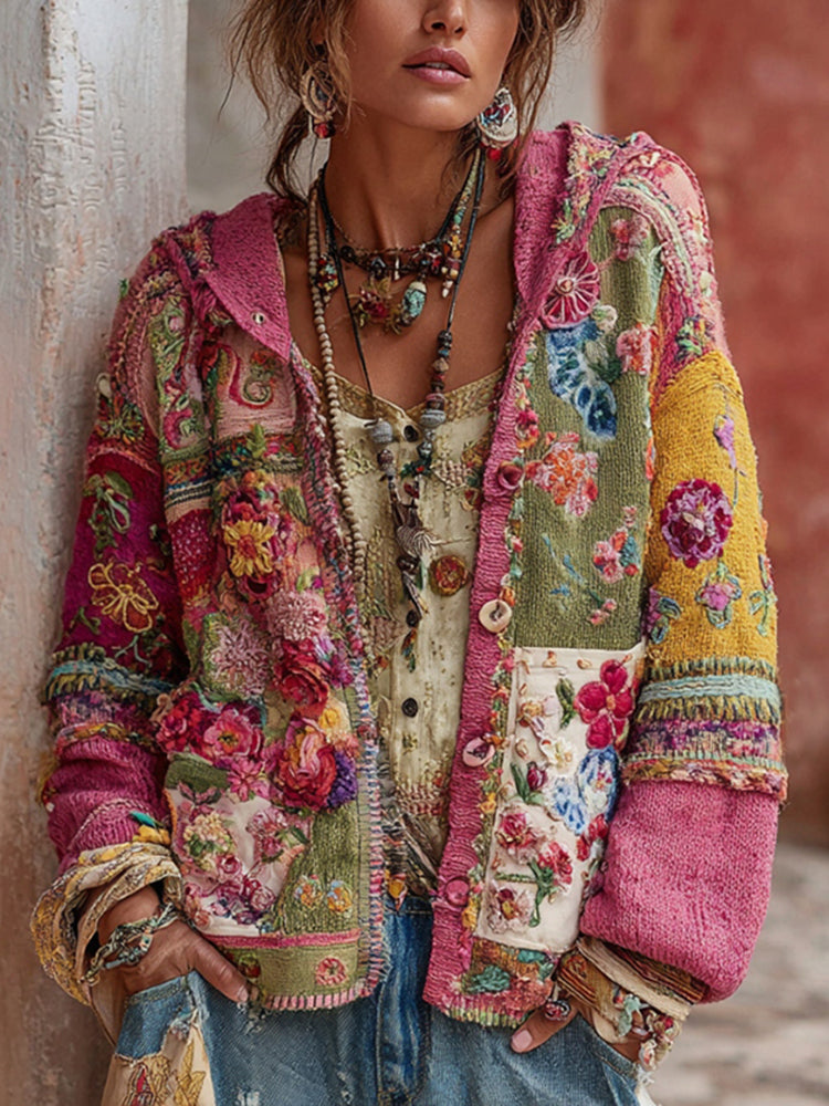 Women's Vintage Bohemian Floral Embroidery Patchwork Art Hooded Cardigan Sweater