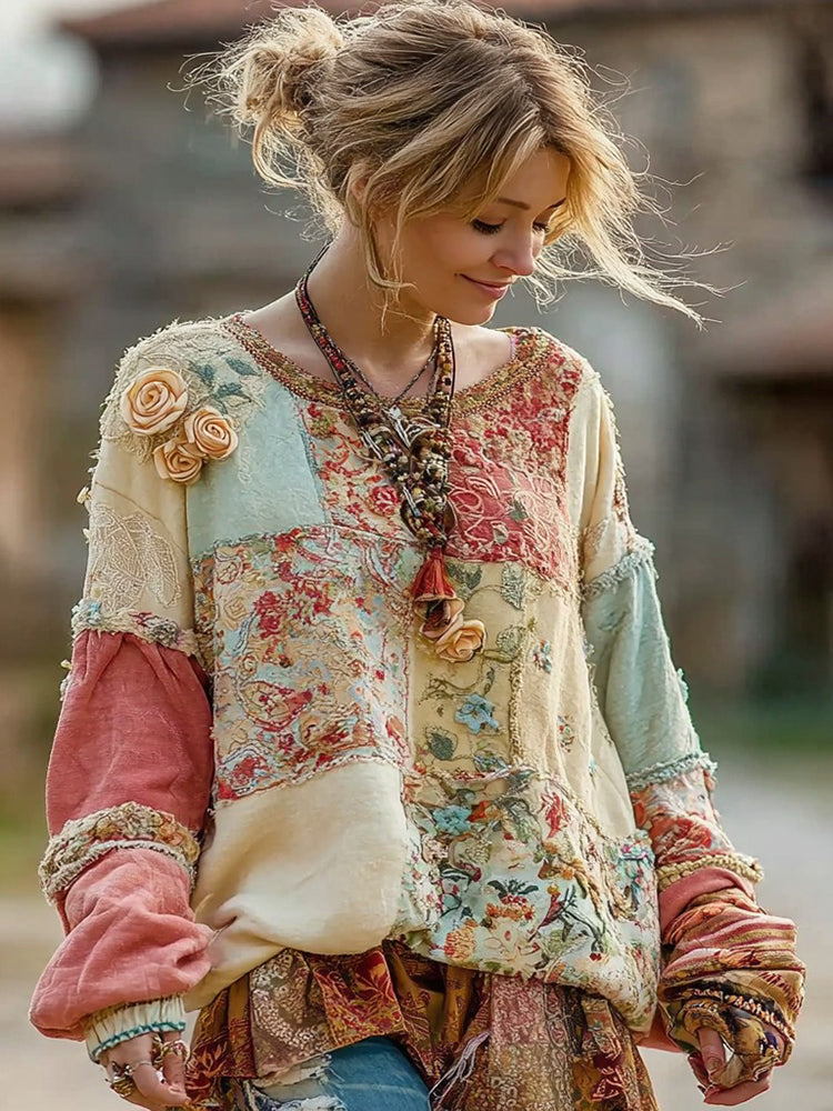 Women's Retro Floral Pattern Comfortable Warm Crew Neck Sweatshirt