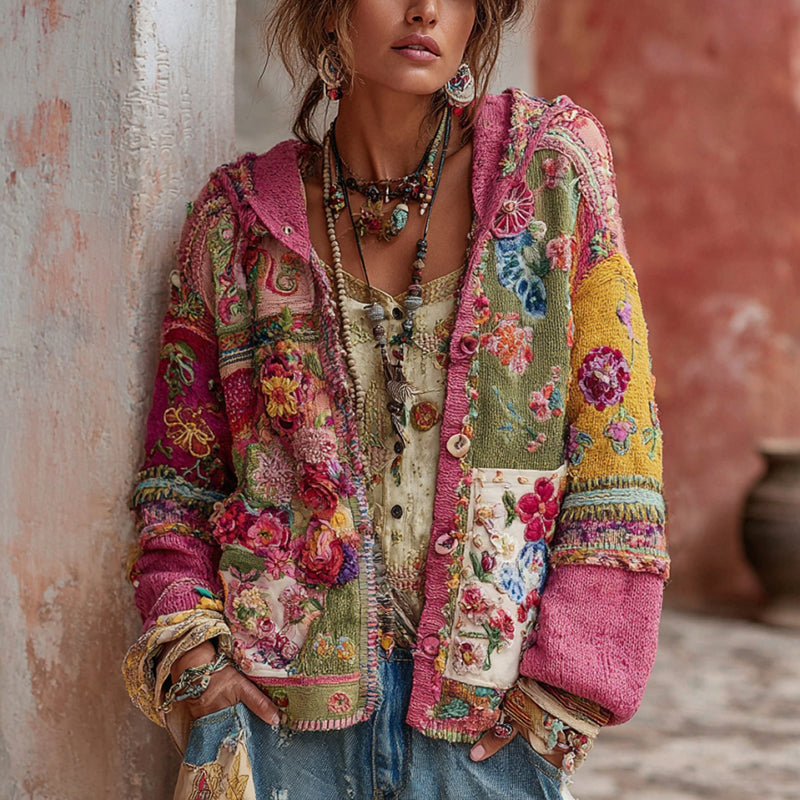 Women's Vintage Bohemian Floral Embroidery Patchwork Art Hooded Cardigan Sweater