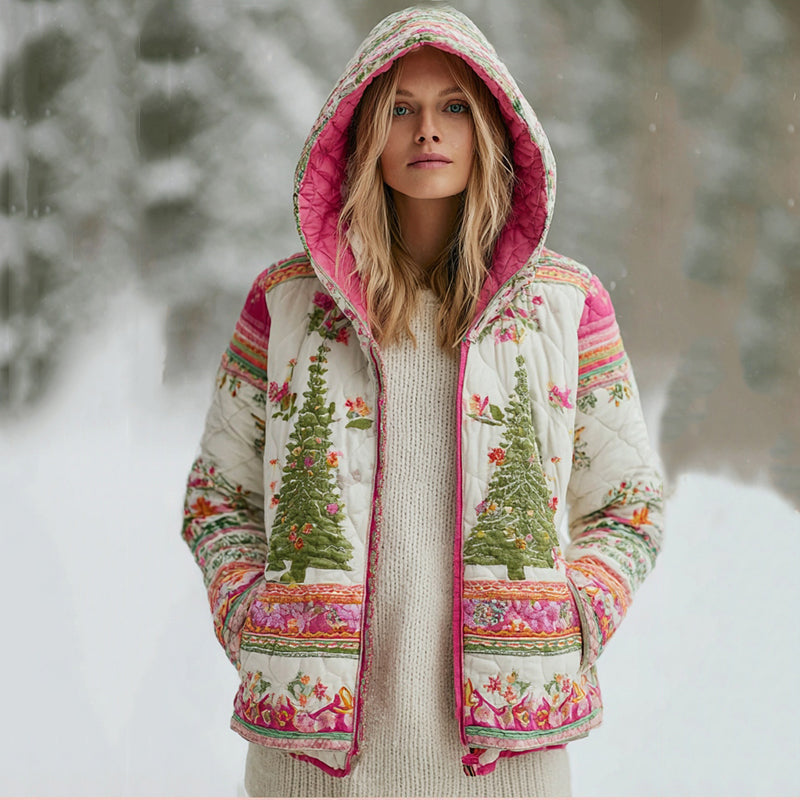 Women's Floral Christmas Tree Patchwork Warm Zip Hoodie
