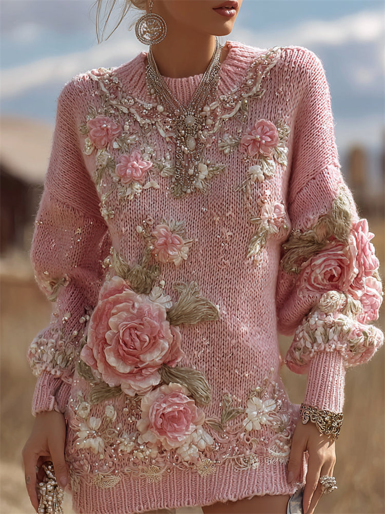 Vintage Pink Roses Glitter Fiber Art Cozy Knit Sweater Dress