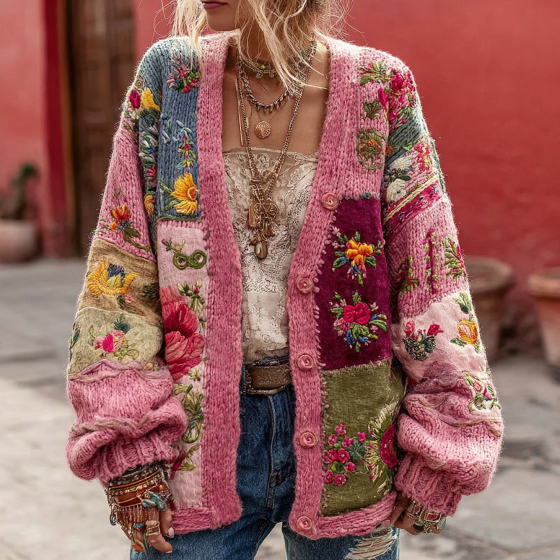 Women's Bohemian Flower Embroidery Patchwork Art V-neck Knit Sweater Cardigan